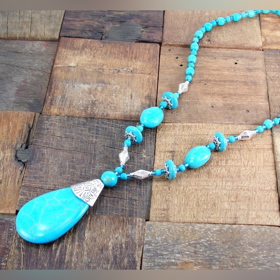 Turquoise Stone Bead Necklace With Large Teardrop Shape Pendant And Silver Beads